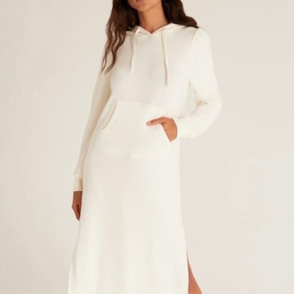 NEW Z Supply Cream Hooded Midi Sweatshirt Dress Modal Long‎ Sleeve Lounge Maxi - Picture 5 of 9
